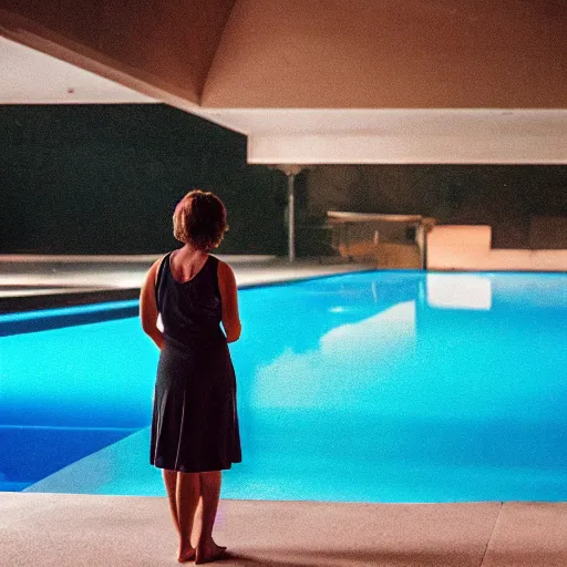 Prompt: photo of woman standing in contemplation next to a large swimming pool, moody, volumetric lighting, in the style of David Linch