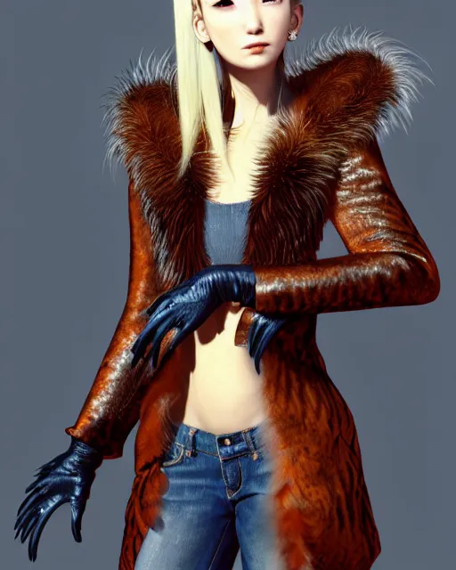 Image similar to fur - lined dragonhide jacket!!! beautiful and elegant female!! gorgeous ayes!! character concept art, sharp focus, illustration, kinu nishimura!! ayami kojima! shunya yamashita! edayan!! marc brunet!! octane render! unreal engine 5! highly rendered!! trending on artstation!! pixiv!