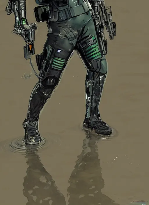 Image similar to Sara. USN blackops operator emerging from water at the shoreline. Operator wearing Futuristic cyberpunk tactical wetsuit and looking at an abandoned shipyard. Frogtrooper. rb6s, MGS, and splinter cell Concept art by James Gurney, Alphonso Mucha. Vivid color scheme.