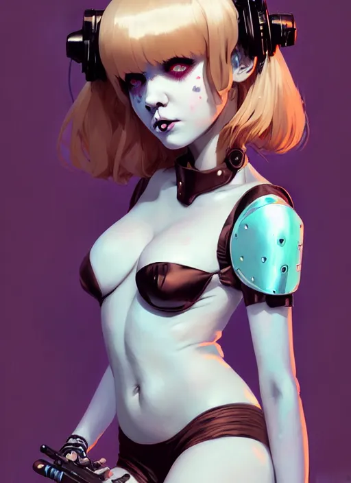 Image similar to portrait of cute goth maiden girl in cyber bikini armor, face by ilya kuvshinov, warhammer, cyberpunk, by atey ghailan, by greg rutkowski, by greg tocchini, by james gilleard, by joe fenton, by kaethe butcher, dynamic lighting, gradient light blue, brown, blonde cream and white color in scheme, grunge aesthetic