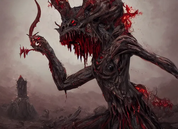 Image similar to a macabre demon casts a gruesome enchantment across a land of fertility and wealth, diminishing the land's value and robustness, trending on artstation, digital art, award winning