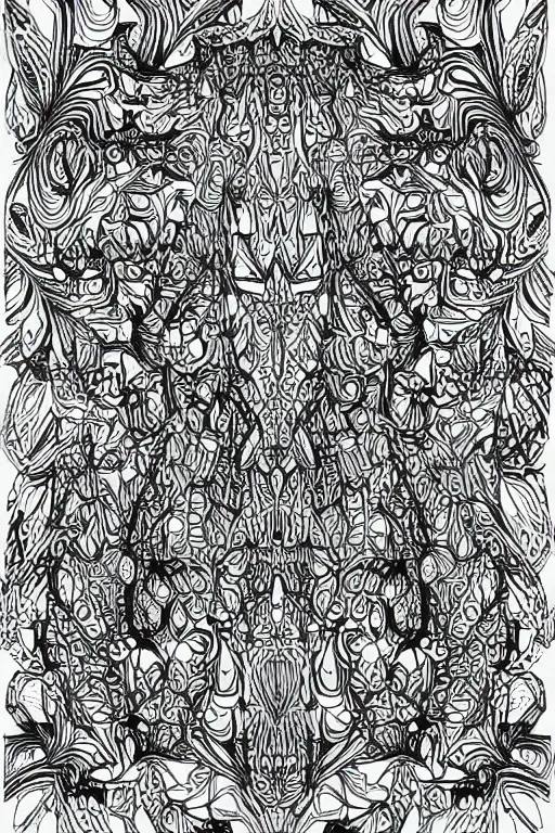 Image similar to parrot, repeating patterns, fractal, ink drawing, line art colouring page