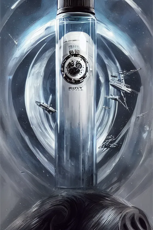 Prompt: concept art of a rolex - star wars white iridescent liquid dietary supplement in a transparent bottle with big black sticker on it by aenaluck, artgerm and roberto ferri and greg rutkowski, blue and white tones, digital painting, artstation, concept art, smooth, sharp foccus ilustration hq