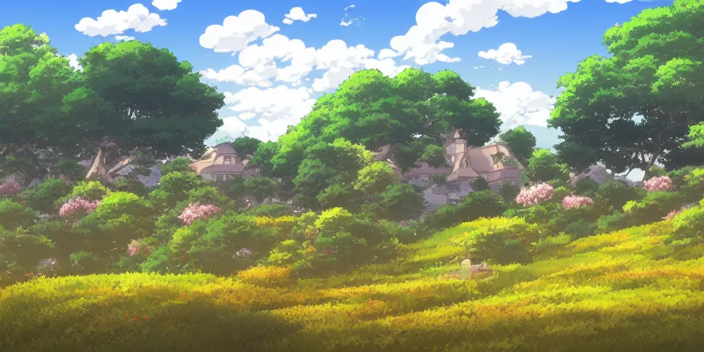 Prompt: anime screenshot wide-shot landscape with house in the garden, stone hedge, and meadow hill, forest on the horizont, beautiful ambiance, golden hour, studio ghibli style, by hayao miyazaki, sharp focus, highly detailed,