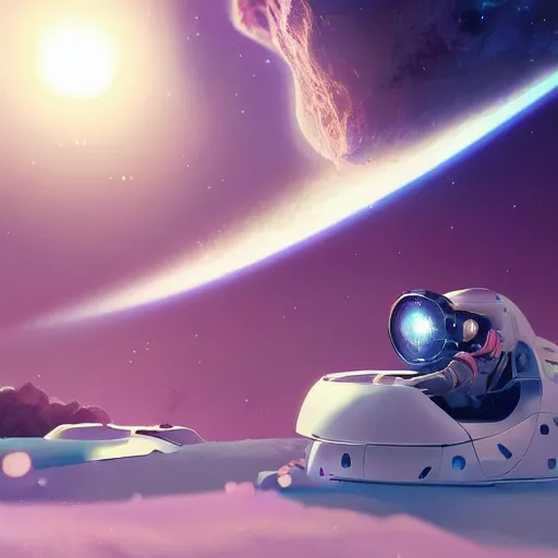 Image similar to astroneer chasing a distant spaceship Anime, wide angle, fine details, cinematic. galaxy starscape. realistic shaded lighting by Ilya Kuvshinov Giuseppe Dangelico Pino and Michael Garmash and Rob Rey greg rutkowski, octane render, IAMAG premiere, aaaa achievement collection, elegant freckles, cinematic hologram, fabulous, daily deviation, 4k, 8k, annual award winner