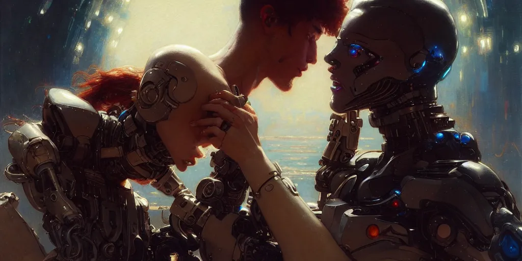 Prompt: male cyborg kissing female android by gaston bussiere, anna nikonova aka newmilky, greg rutkowski, yoji shinkawa, yoshitaka amano, tsutomu nihei, muira, moebius, donato giancola, trending on artstation, featured on pixiv h - 1 0 2 4