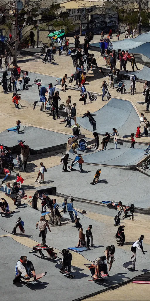 Image similar to oil painting scene skatepark with skaters and ramp by kim jung gi