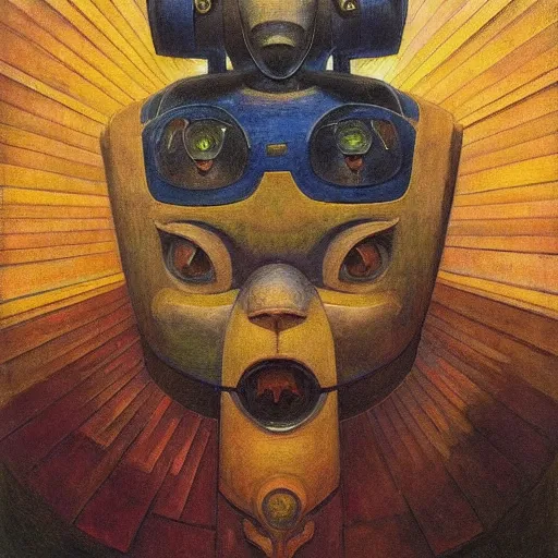 Prompt: masterpiece painting of a robot cat head, by annie swynnerton and diego rivera and nicholas roerich and jean delville, symbolist, dramatic lighting, god rays, elaborate geometric ornament, art brut, rich colors, smooth, sharp focus, extremely detailed, adolf wolfli and ( donato giancola )