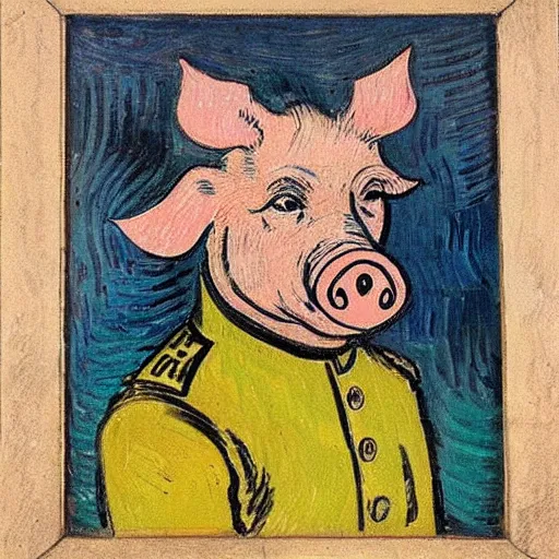 Image similar to a painting of a pig headed general wearing uniform, in the stlye of vincent van gogh,