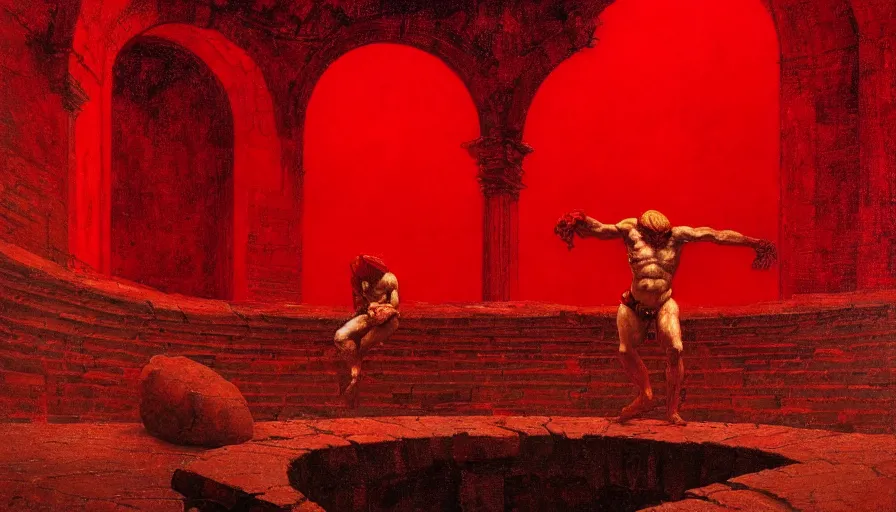 Image similar to only with red, a red gladiator in a crowded roman amphitheatre, crowd cheers him, in the style of beksinski and edward hopper and rodcenko and yue minjun, intricate and epic composition, red by caravaggio, highly detailed, masterpiece, red light, artstation