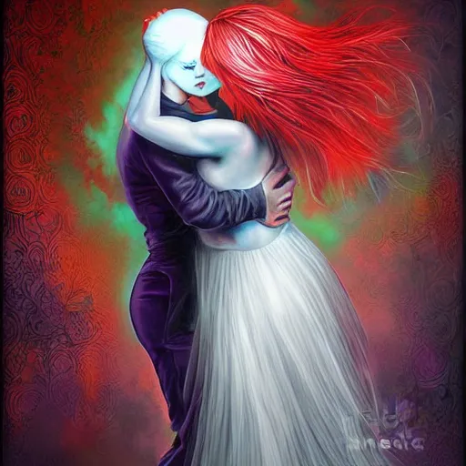 Prompt: ghostly tango embrace, dark, vibrant, digital art, by magali villeneuve