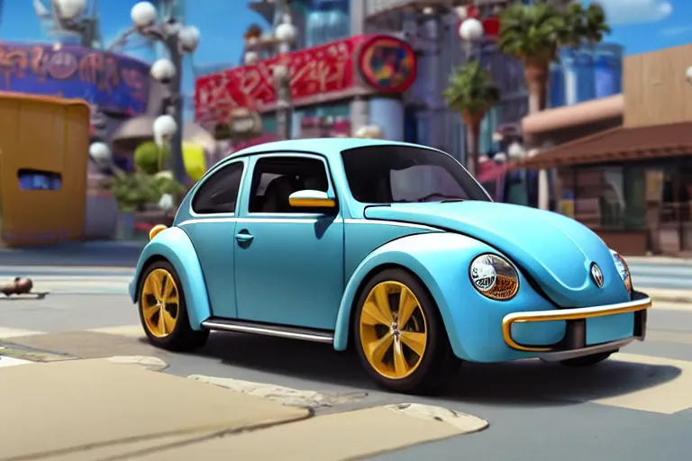 Image similar to a wholesome animation key shot of!! one!! focused!! vw beetle superbug!! in shiny reflective stainless steel, in a las vegas street, medium shot, studio ghibli, ( pixar ) and disney animation, sharp, very detailed, high resolution, rendered in unreal engine 5, anime key art by greg rutkowski, bloom, dramatic lighting