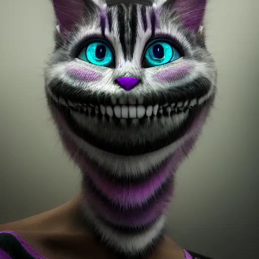 Prompt: vanishing cheshire cat, volumetric lighting, fog, vanishing, disaspora, modelsociety, radiant skin, huge anime eyes, rtx on, perfect face, intricate, sony a 7 r iv, symmetric balance, polarizing filter, photolab, lightroom, 4 k, dolby vision, photography award