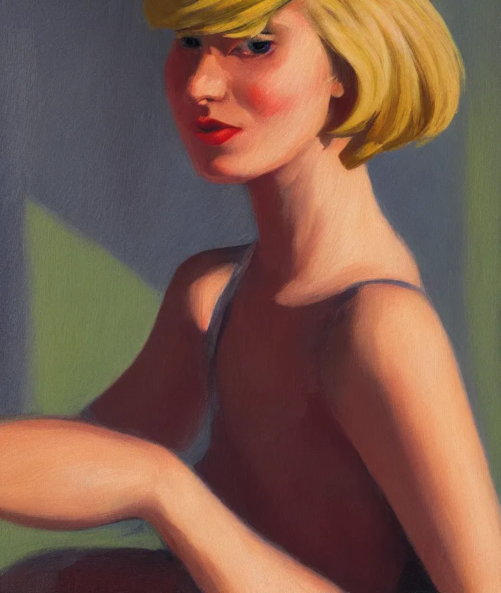 Image similar to a closeup portrait of woman with a blonde bob with bangs, in the style of edward hopper, very fine brush strokes, 4 k,