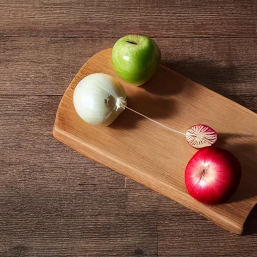 Image similar to set of balance scales with one apple in one side and one onion in the other