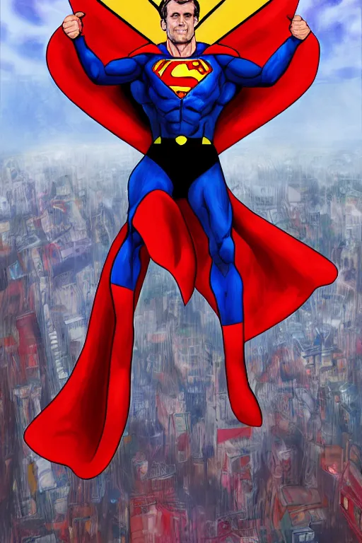 Image similar to emmanuel macron superman, highly detailed, digital art, sharp focus, trending on art station