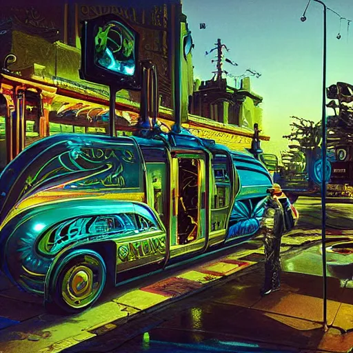 Prompt: painting of syd mead artlilery scifi fish tank with ornate metal work lands on a sidewalk, filigree ornaments, volumetric lights, simon stalenhag