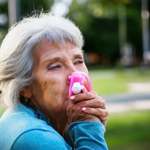 Prompt: an older woman sitting in a park wearing a small oxygen cannula under her nose, 4 k,