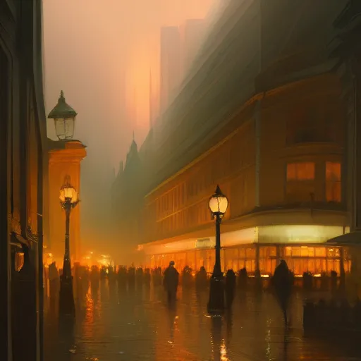 Image similar to london at night, fantasy, intricate, elegant, digital painting, trending on artstation, concept art, soft focus, illustration by greg rutkowski, edward hopper, 4 k.