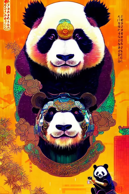 Image similar to a beautiful hyperdetailed character design of a cute panda with a chinese lion dance head victo ngai cyberpunk style, from china, style of studio ghibli, makoto shinkai, raphael lacoste, louis comfort tiffany, artgerm, james jean, ross tran, chinese style