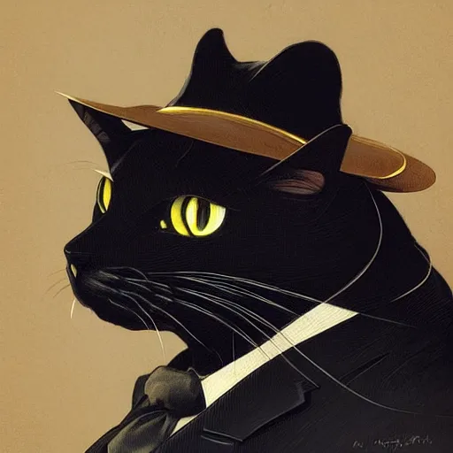 Image similar to portrait of a black cat wearing a suit and a hat, intricate, headshot, highly detailed, digital painting, artstation, concept art, sharp focus, cinematic lighting, illustration, art by artgerm and greg rutkowski, alphonse mucha, cgsociety