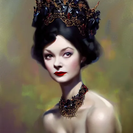 Prompt: expressive oil painting, of young vivien leigh, seductive look, smooth glowing skin, black dress, ornate headpiece made from flowers, glamour shot, by yoshitaka amano, by greg rutkowski, by jeremyg lipkinng, by artgerm, digital art, octane render