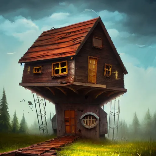 Image similar to a running wood and metal house with two legs and one big eye, rust, hyperrealistic, highly detailed, cinematic, single ray of sun, morning, pareidolia, gravity falls style, disney, beautiful, cgssociety, artstation, 8 k, oil painting, digital art