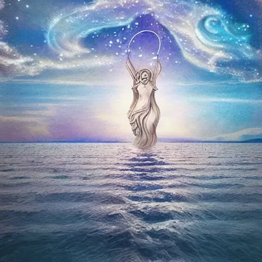 Image similar to Infinite in mystery is the gift of the goddess. We seek it thus and take to the sky. Ripples form over the water's surface. The wandering soul knows no rest.