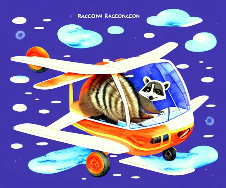 Image similar to cute and funny, racoon riding in a tiny airplane with oversized engines, centered award winning watercolor pen illustration, isometric illustration by chihiro iwasaki, edited by range murata, tiny details by artgerm and watercolor girl, symmetrically isometrically centered