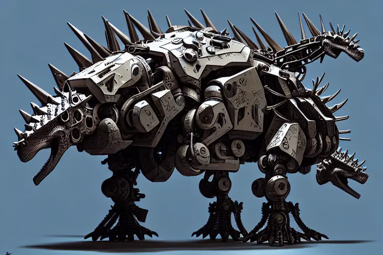 Image similar to stegosaurus in a cyborg mech suit, by alexandre ferra, zezhou chen, peter gric, mohamed reda and hr giger, hyper detailed line art, screen print, character concept art, realistic, coherent, octane render, zbrush central, behance hd, hypermaximalist