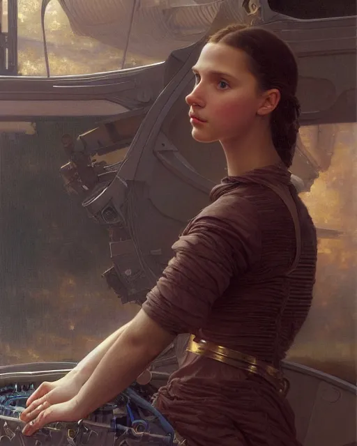 Image similar to a realistic oil painting of a girl resembling alicia vikander or millie bobby brown in a futuristic mechanical spaceship engine, highly detailed, intricate, artstation, by donato giancola and william adolphe bouguereau