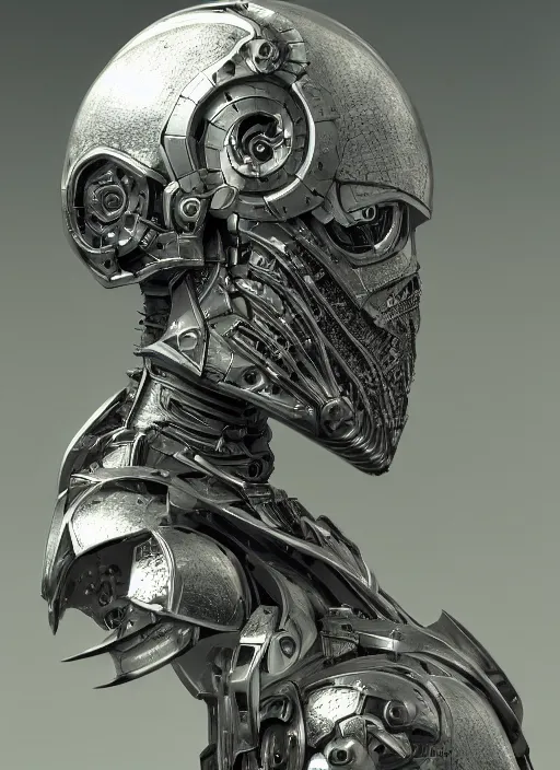 Image similar to close up front view portrait of a futuristic silver armored knight district 9 cyborg, modern fine art, fractal, intricate, elegant, highly detailed, digital photography, subsurface scattering, by jheronimus bosch and greg rutkowski,