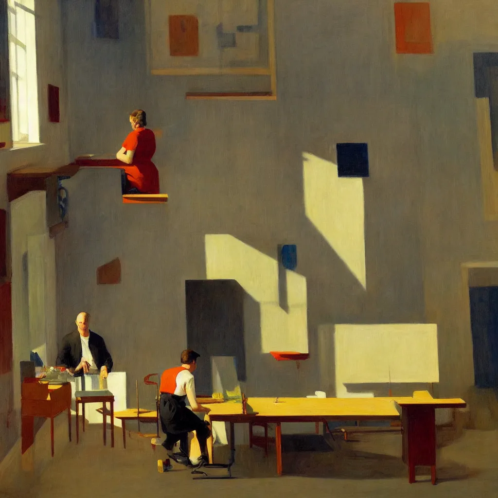 Image similar to painting of a artist, creating in his studio alone, in a huge studio, in the style of edward hopper