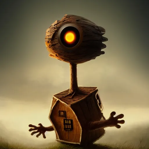 Image similar to a walking wood house with two mechanical legs and two glowing eyes and a mouth, rust, hyperrealistic, pareidolia, highly detailed, cinematic, single ray of sun, fog, beautiful, cgssociety, artstation, 8 k, oil painting