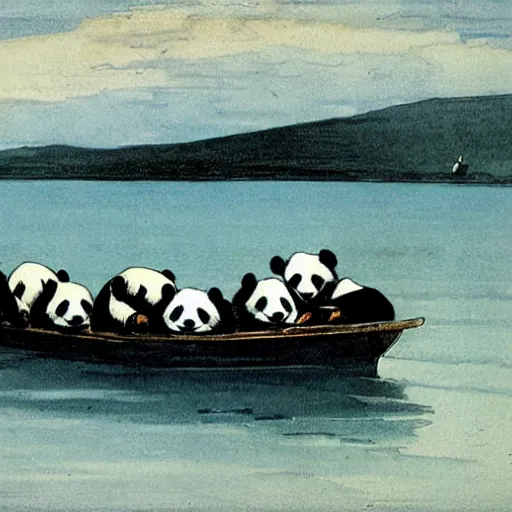 Image similar to a boat filled with pandas by winslow homer