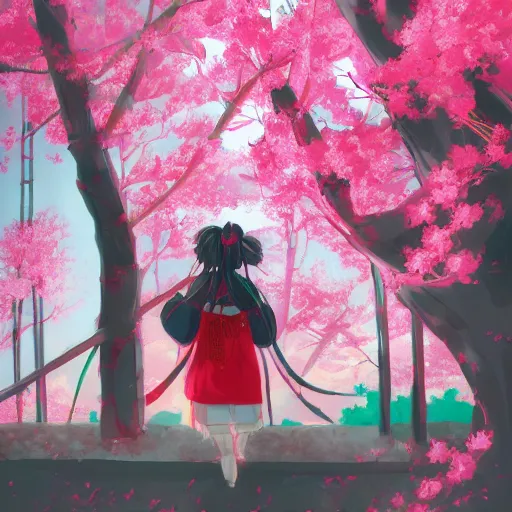 Prompt: Hakurei Reimu watches over the Gensokyo sakura festival by Alena Aenami