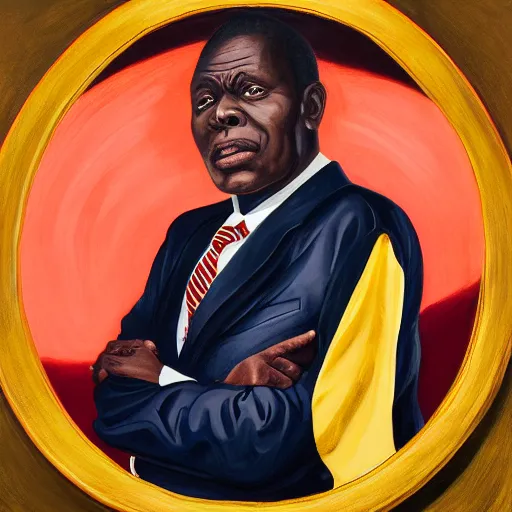 Prompt: a painting of a round face, XXL Loving, caring, generous, ever-present, humble, wise elder from Kenya in a suit by Kehinde Wiley . Fatherly/daddy, focused, loving, leader, relaxed,. ethereal lights, details, smooth, sharp focus, illustration, realistic, cinematic, artstation, award winning, rgb , unreal engine, octane render, cinematic light, macro, depth of field, blur, red light and clouds from the back, highly detailed epic cinematic concept art CG render made in Maya, Blender and Photoshop, octane render, excellent composition, dynamic dramatic cinematic lighting, aesthetic, very inspirational, arthouse.