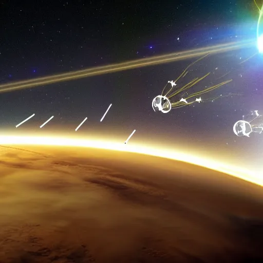 Prompt: spaceship shooting multiple tracers in space near earth, realistic photo from nasa