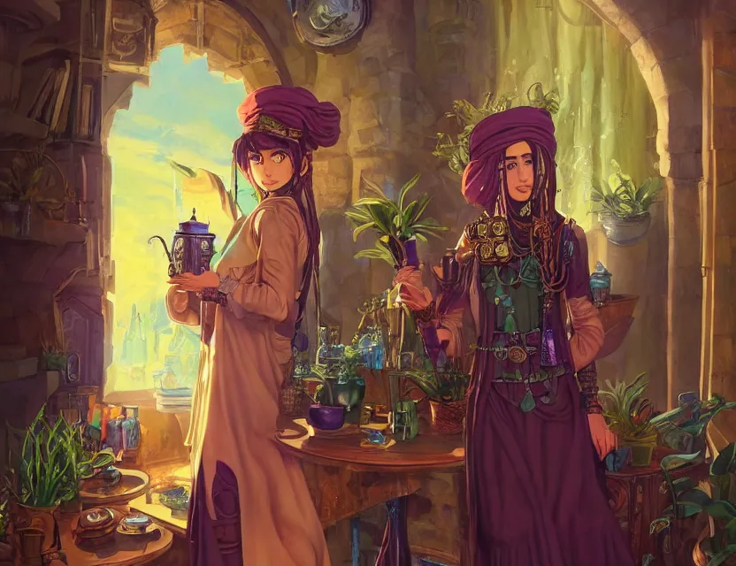 Prompt: middle eastern scifi alchemist in a well lit study with crystals and potted plants, wearing a lovely dress with steampunk details. this oil painting by the award - winning mangaka has an interesting color scheme and impeccable lighting.