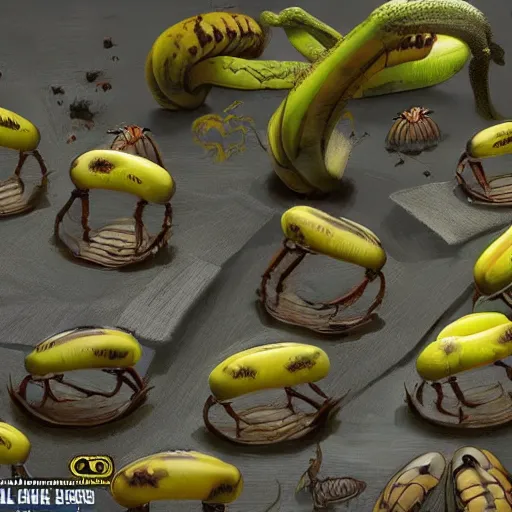 Image similar to Hyper realistic, banana alien egg pods, grim dark, imperial marines sneaking, crawling banana crabs defending the mother