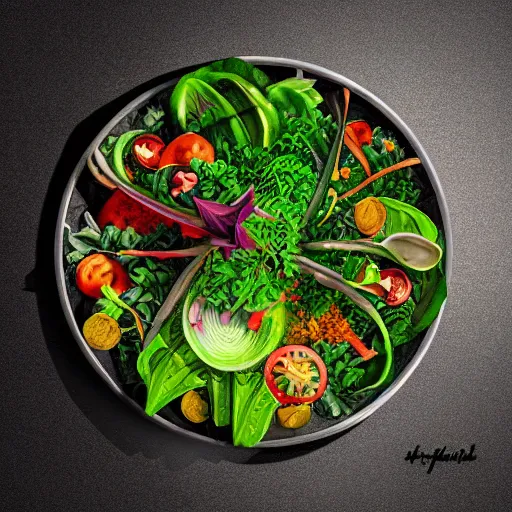 Image similar to Photorealistic super salad on a menu. Hyperdetailed photorealism, 108 megapixels, amazing depth, glowing rich colors, powerful imagery, 3D finalrender, 3d shading, cinematic lighting, artstation concept art