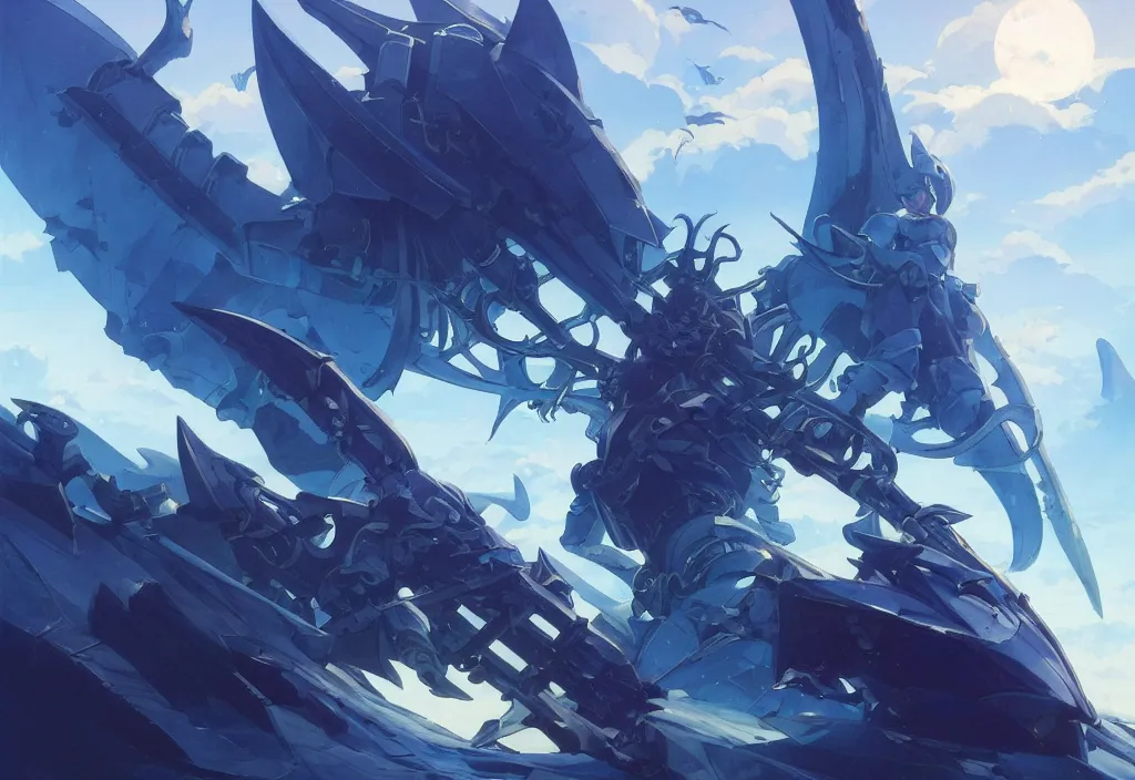 Prompt: close up of a extremely beautiful and aesthetic mech armor witch holding a symmetrical trident, highly detailed face, attractive symmetrical eyes, back shark fin, big wave horizon, dynamic model pose, slightly smiling, blue sky, big blade whale and black giants mech minotaurus, epic scene, fantasy illustrations, by makoto shinkai and peter mohrbacher and ferdinand knab