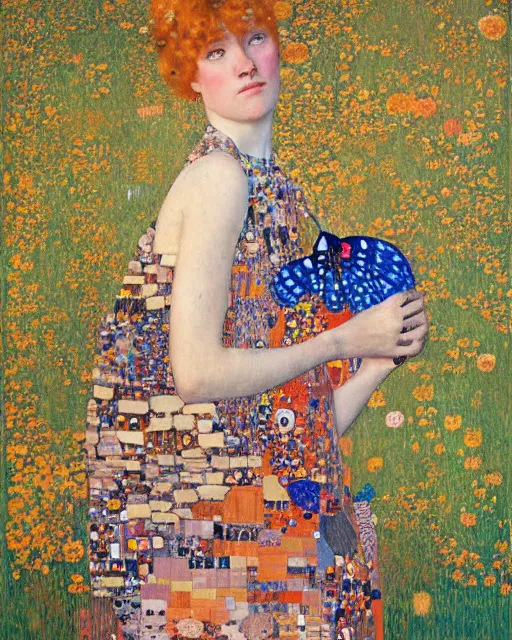 Prompt: a beautiful girl covered with butterflies wearing a colourful patterned dress, painted by gustave klimt, edgar maxence, edward hopper, wayne barlowe, james gilleard and james jean