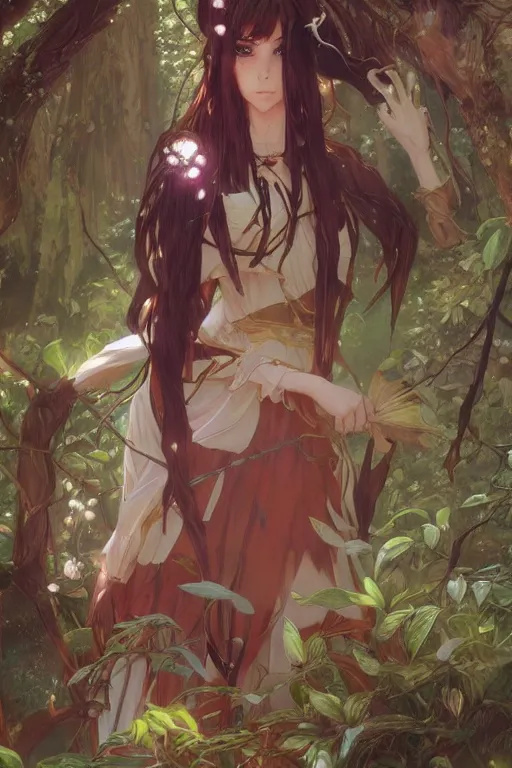 Image similar to anime key visual of a beautiful young female scarlette witch intricate, magical forest, stunning, highly detailed, digital painting, artstation, smooth, hard focus, illustration, art by artgerm and greg rutkowski and alphonse mucha