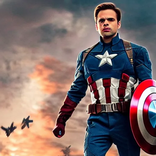 Image similar to sebastian stan as captain america, cinematic shot with sparkles and destroyed land, imax, high quality image, movie hollywood, commosition