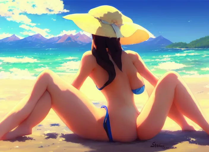 Image similar to a cute girl in a bikini and sunhat sitting on a towel on the beach, rocky mountains far in the distance, fluffy clouds on the horizon, by makoto shinkai an krenz cushart