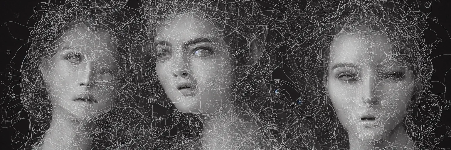 Prompt: The face of a very beautiful goddess radiating an artwork made from layers of technical drawings and architectural plans, very detailed and intricate with callout texts, leaders, arrows and bubbles by James Jean and Ross Tran and WLOP , hyperrealism, subsurface scattering, octane render, bokeh, 8k, xparticles