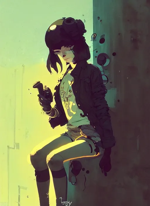 Image similar to highly detailed portrait of a moody sewerpunk young adult lady by atey ghailan, by greg rutkowski, by greg, tocchini, by james gilleard, by joe fenton, by kaethe butcher, gradient yellow, black, brown and cyan color scheme, grunge aesthetic!!! ( ( graffiti tag city background ) )