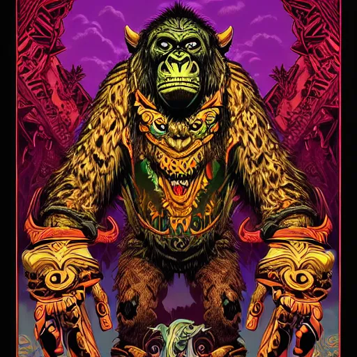 Image similar to barong family member, wiwek, mara demon, one single tribe member, jungle, one single mask, dark, ancient warrior, gorilla, lizard, tribal, inner glow, art by dan mumford and justin gerard