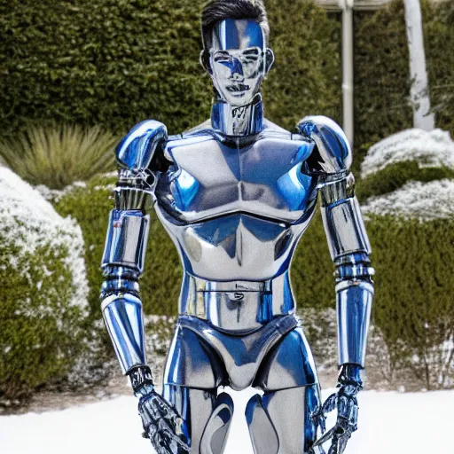 Image similar to made of ice, a realistic detailed photo of a guy who is an attractive humanoid who is half robot and half humanoid, who is a male android, on display, blank stare, showing off his muscles, shiny skin, posing like a statue, by the pool, frozen ice statue, twitch streamer / gamer ludwig, humanoid robot